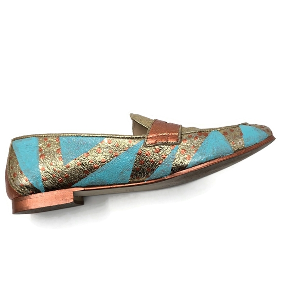 One Of A Kind Hand Painted Crinkle Gold Penny Loafers J Crew Women's 8 - Picture 7 of 14